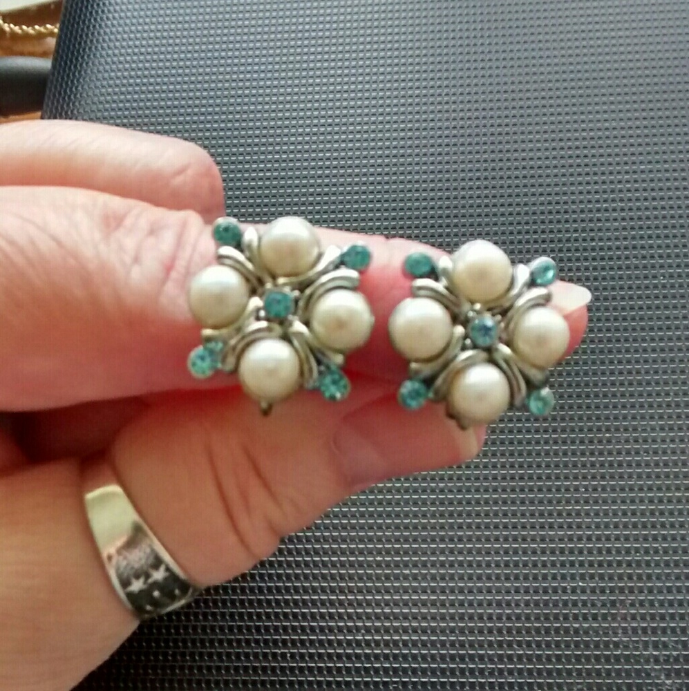 Silver Tone w/Faux Pearls & Blue Crystals Earrings